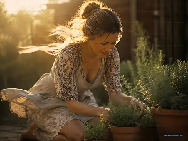 Woman gardening in late afternoon light with potted plants