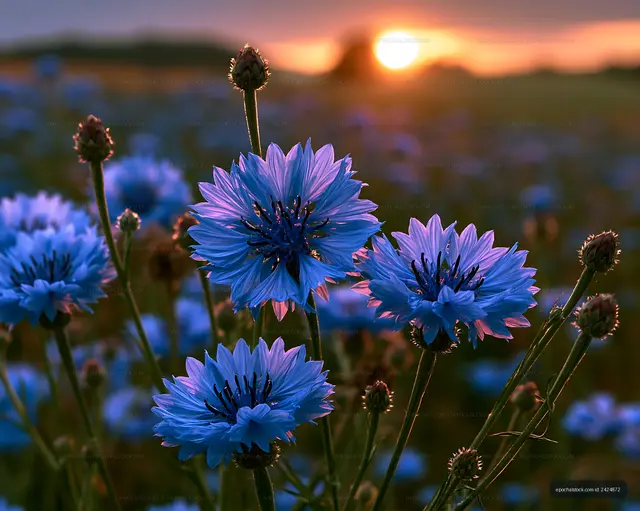 Blue flowers bloom at sunset in a countryside field