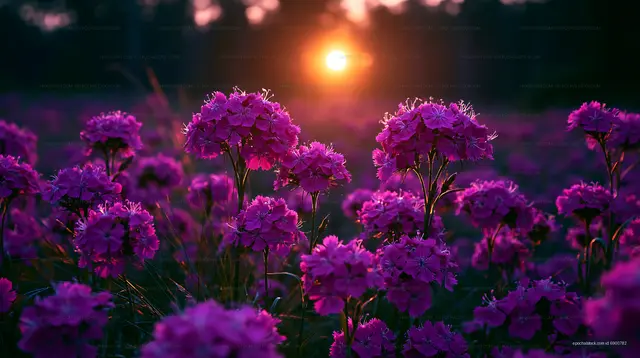 Vibrant pink flowers in a field during sunset