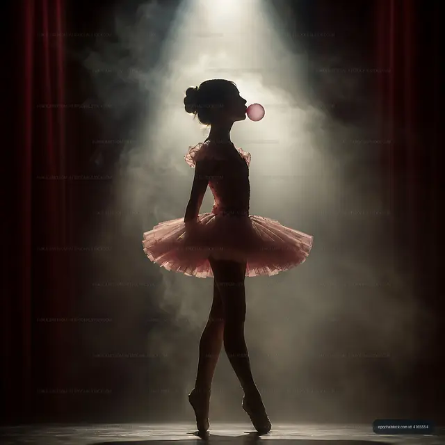 Ballet dancer blowing bubble gum on stage