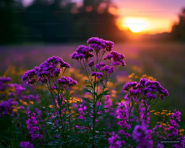 Colorful flowers in a field during sunset