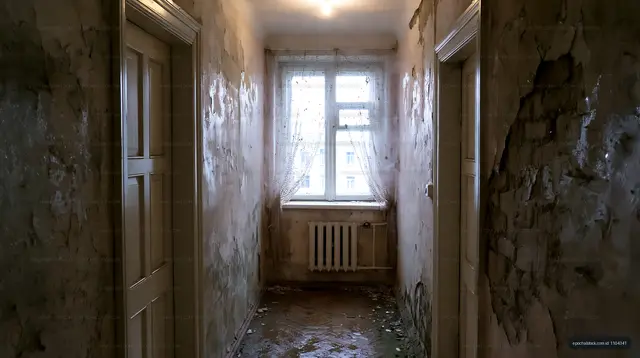 Dilapidated hallway in an old building with peeling walls