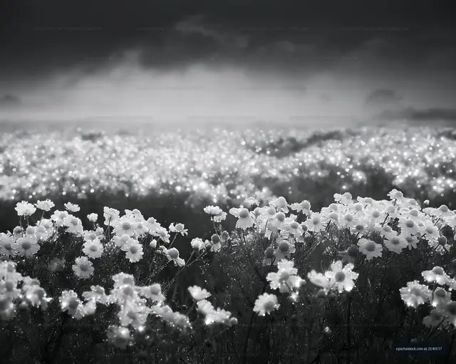Field of white flowers with mist at dawn