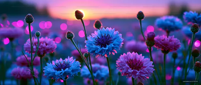 Vibrant flowers blooming in a field at sunset