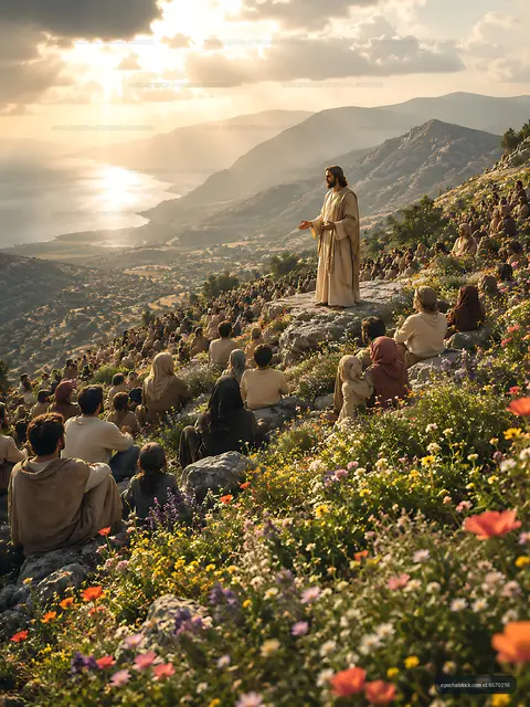 A crowd of people listens to a man speaking on a hillside