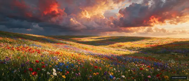 Sunset over a colorful flower field with clouds in the sky