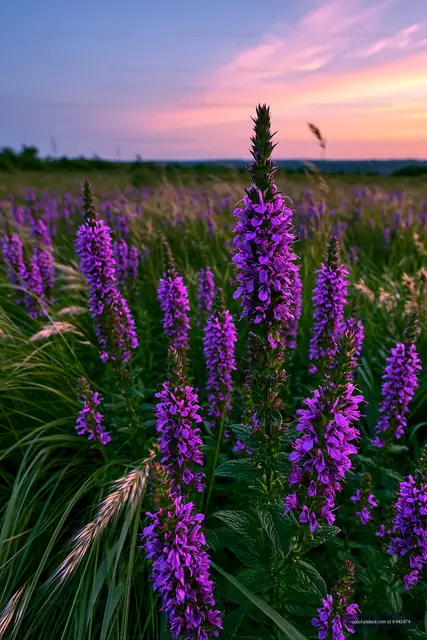 Purple flowers blooming in a field at sunset