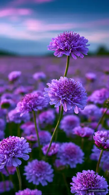 Purple wildflowers bloom in a field at sunset