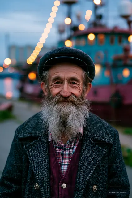 Older man standing near boats with lights in the background