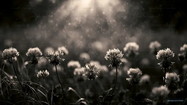 Light rays shining on blooming flowers in a field