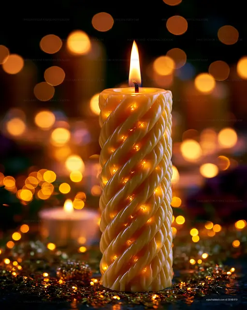 Twisted yellow candle lit against glowing bokeh lights