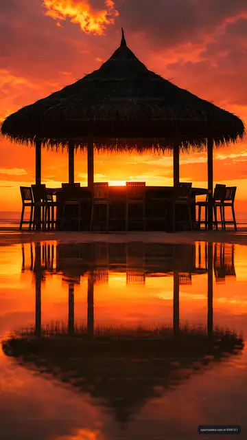 Silhouette of a hut at sunset by the water