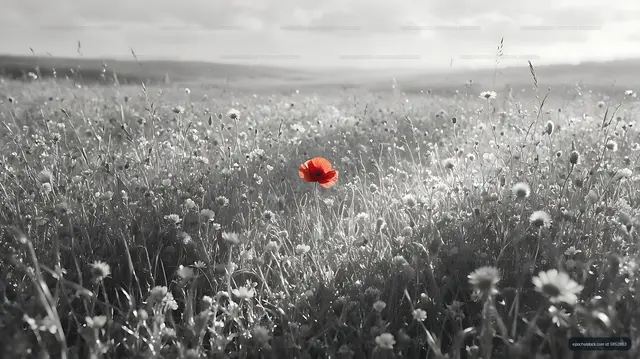 Bright red poppy stands out in black and white meadow landscape