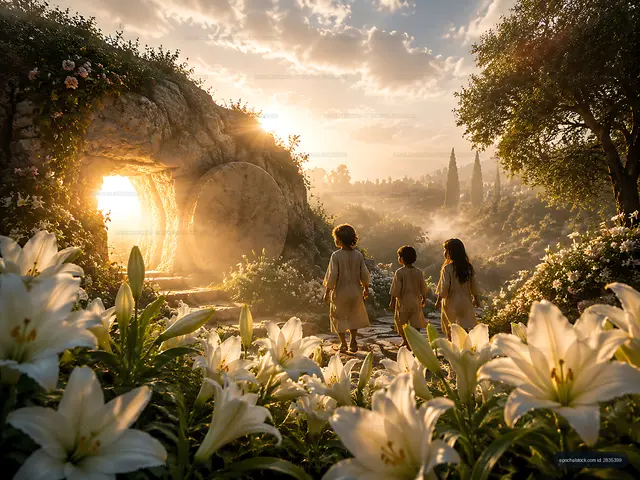Kids stroll a flower path to a glowing entrance