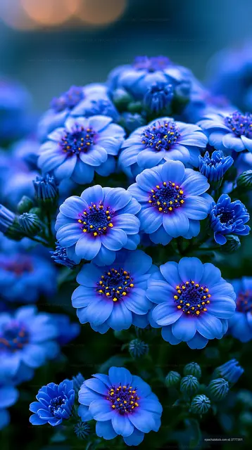 Bright blue flowers bloom in soft light