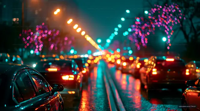 City street at night with cars and colorful lights