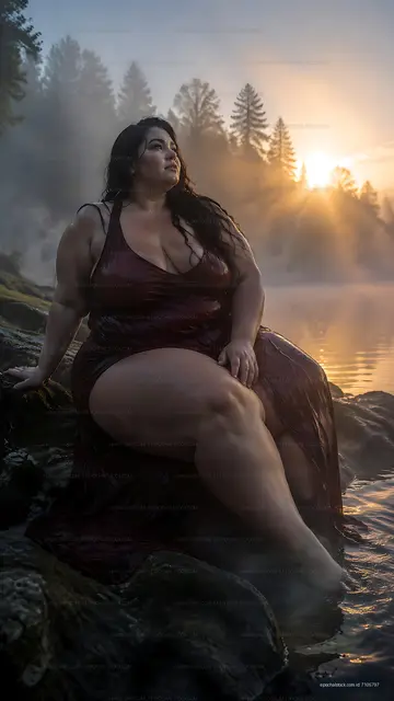 Woman sitting on rocks by a lake at sunrise