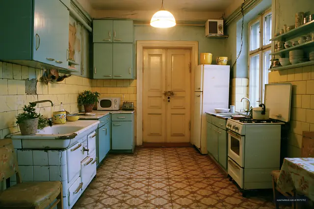 Vintage kitchen with blue cabinets and old appliances in a home