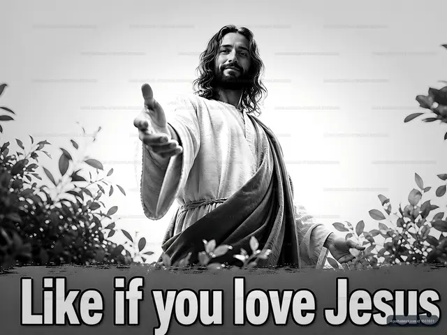 Jesus extending hands with call to action in a peaceful setting