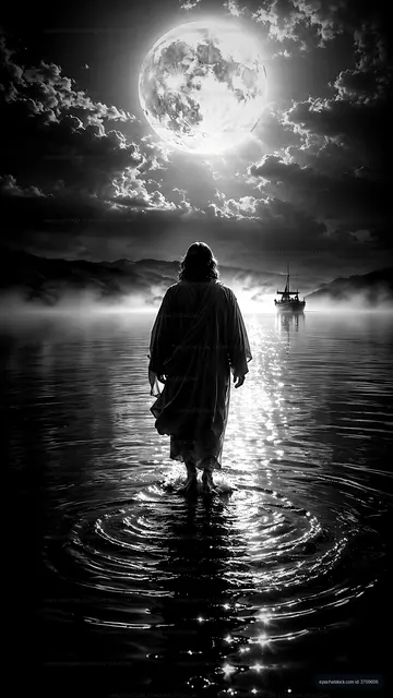 Person walking on water under a large moon with a boat nearby