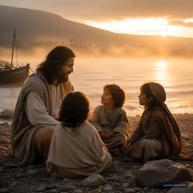 Man sitting with children near water during sunset