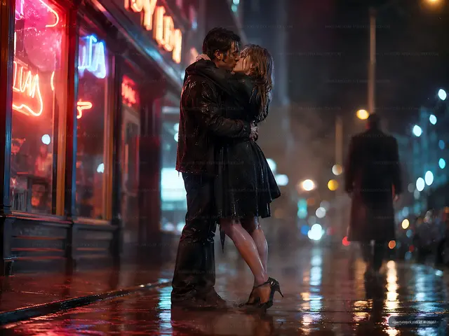Couple sharing a kiss in the rain at night in the city
