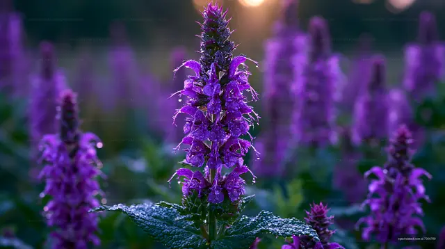 Purple flowers in a field during sunrise