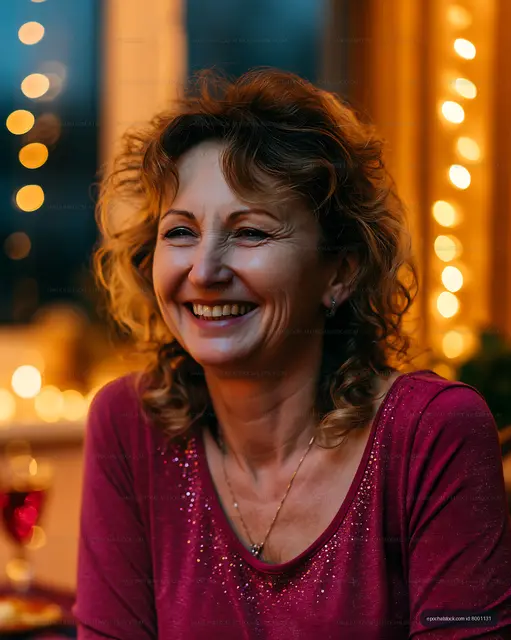 Woman smiling during a gathering with warm lighting in background