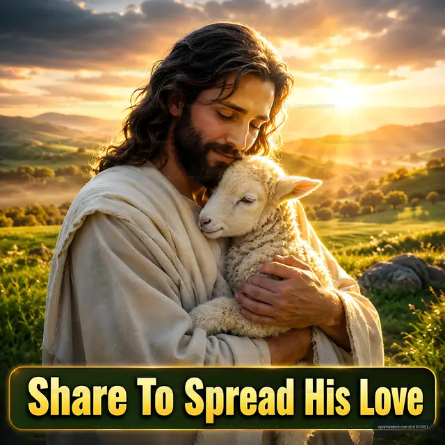 Man holding sheep in a scenic landscape at sunset