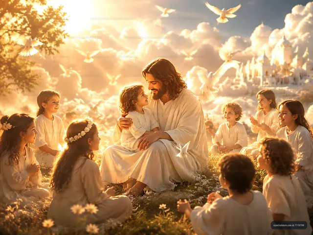 Jesus interacts with children in a bright, heavenly setting