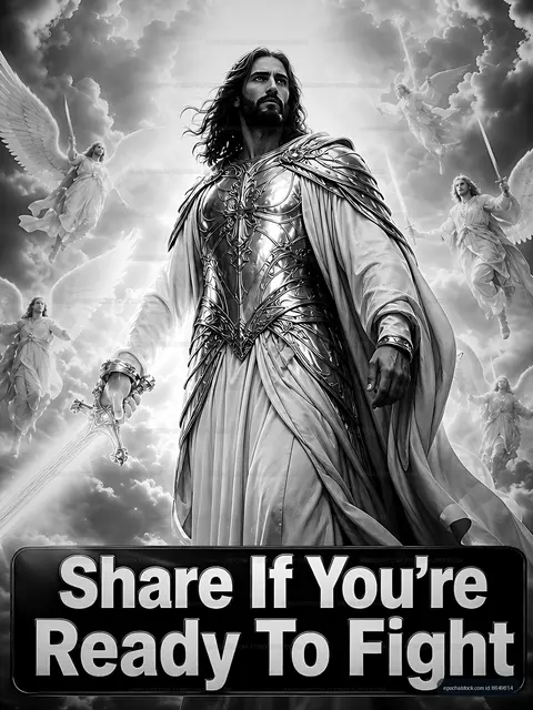 Warrior figure stands with sword and angels in black and white