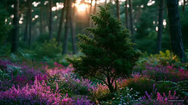 Sunlight shining through trees in a blooming forest area