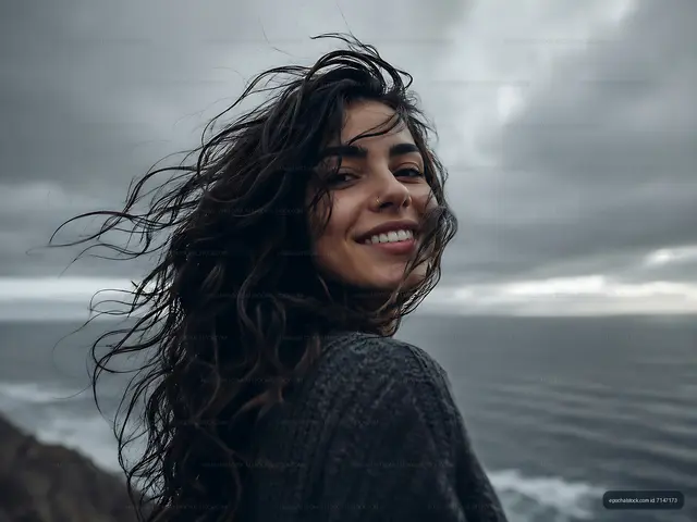 Woman smiling with windblown hair by the ocean