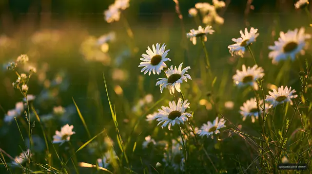 Daisies blooming in a green field during sunset