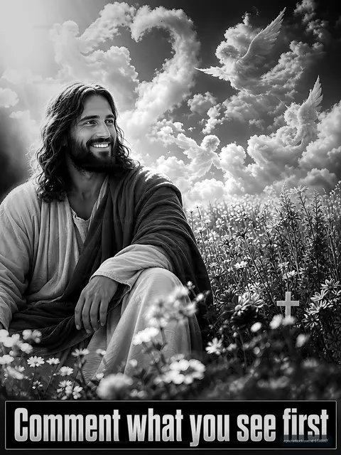 Smiling figure in nature with clouds and cross in the background