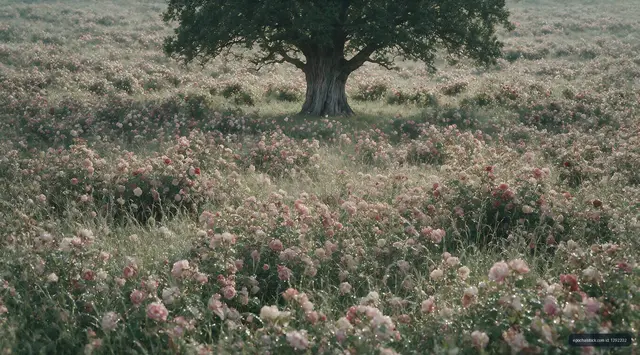 Flowers grow around a large tree in a field