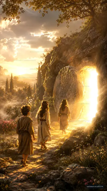 Children walking through a large stone doorway in nature