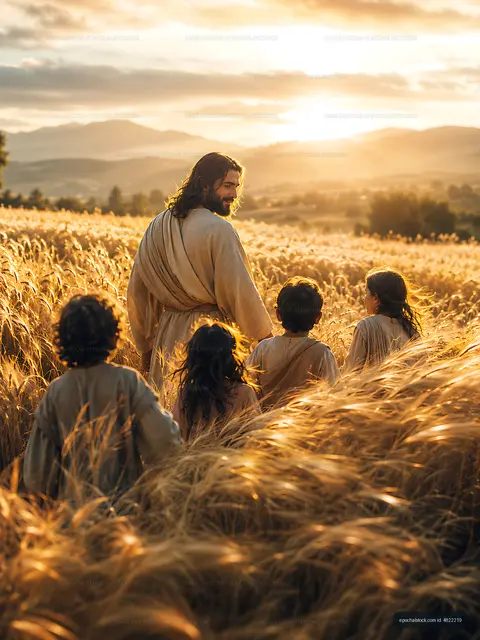 Walking through a golden field at sunset with children