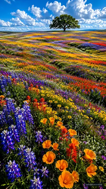 Vibrant wildflower fields under blue sky with clouds