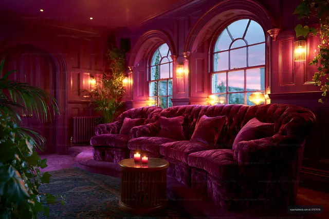 Cozy living room with purple decor and warm lighting