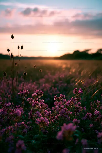 Sunset over a field filled with wildflowers and tall grass