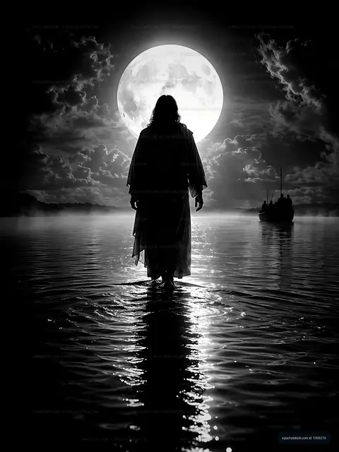 Person walking on water under a full moon at night