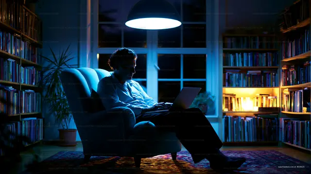 Person working on laptop in a cozy corner at night