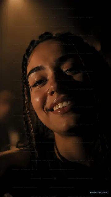 Smiling woman with braided hair in dim lighting at an event