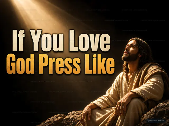Man sitting on rocks under light with text about loving God