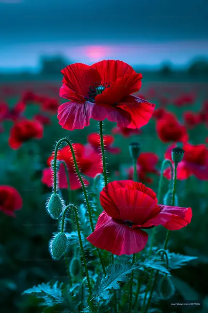 Red poppy flowers growing in a field at dusk
