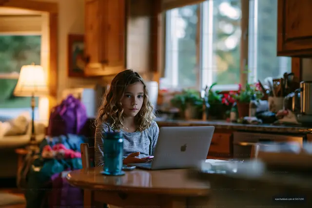 Child working on a laptop at home during the evening