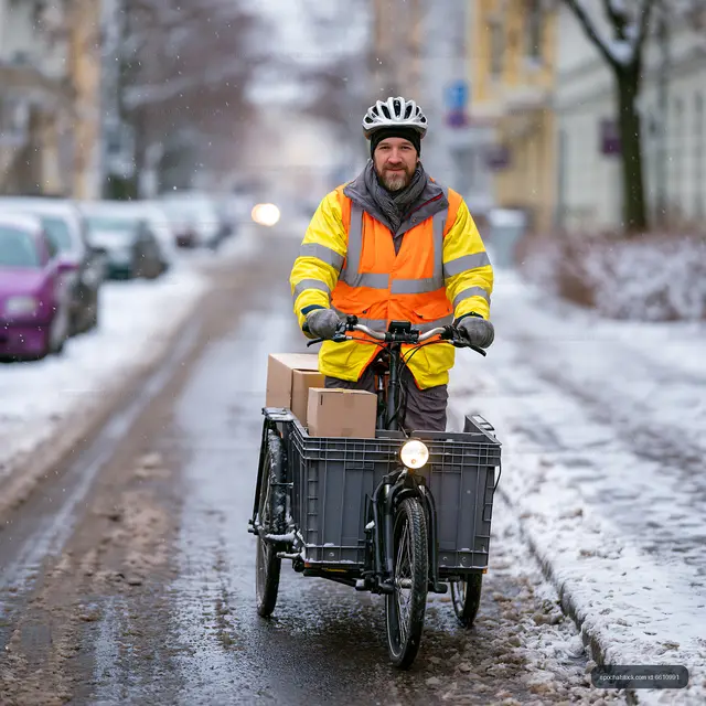 Delivery worker rides bicycle with cargo boxes in winter