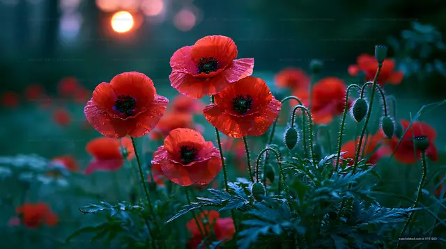 Red poppy flowers bloom at sunset in a natural setting