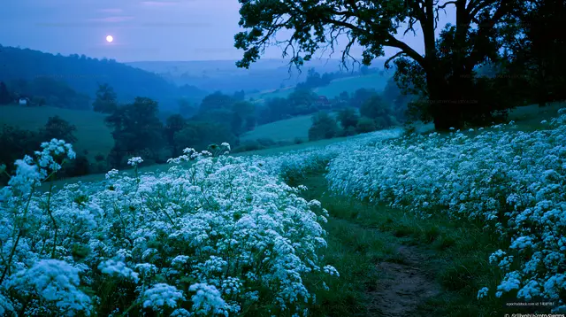 Moonrise over a flower-filled valley in the evening